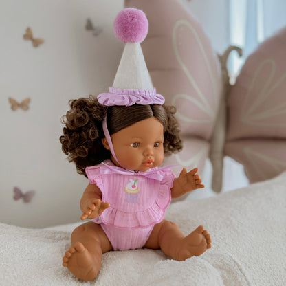 Lilac Birthday Cupcake Bib & Diaper Doll Set - Fits 34-38cm Minikane Gordis, Mini Colettos, Llorens dolls party set