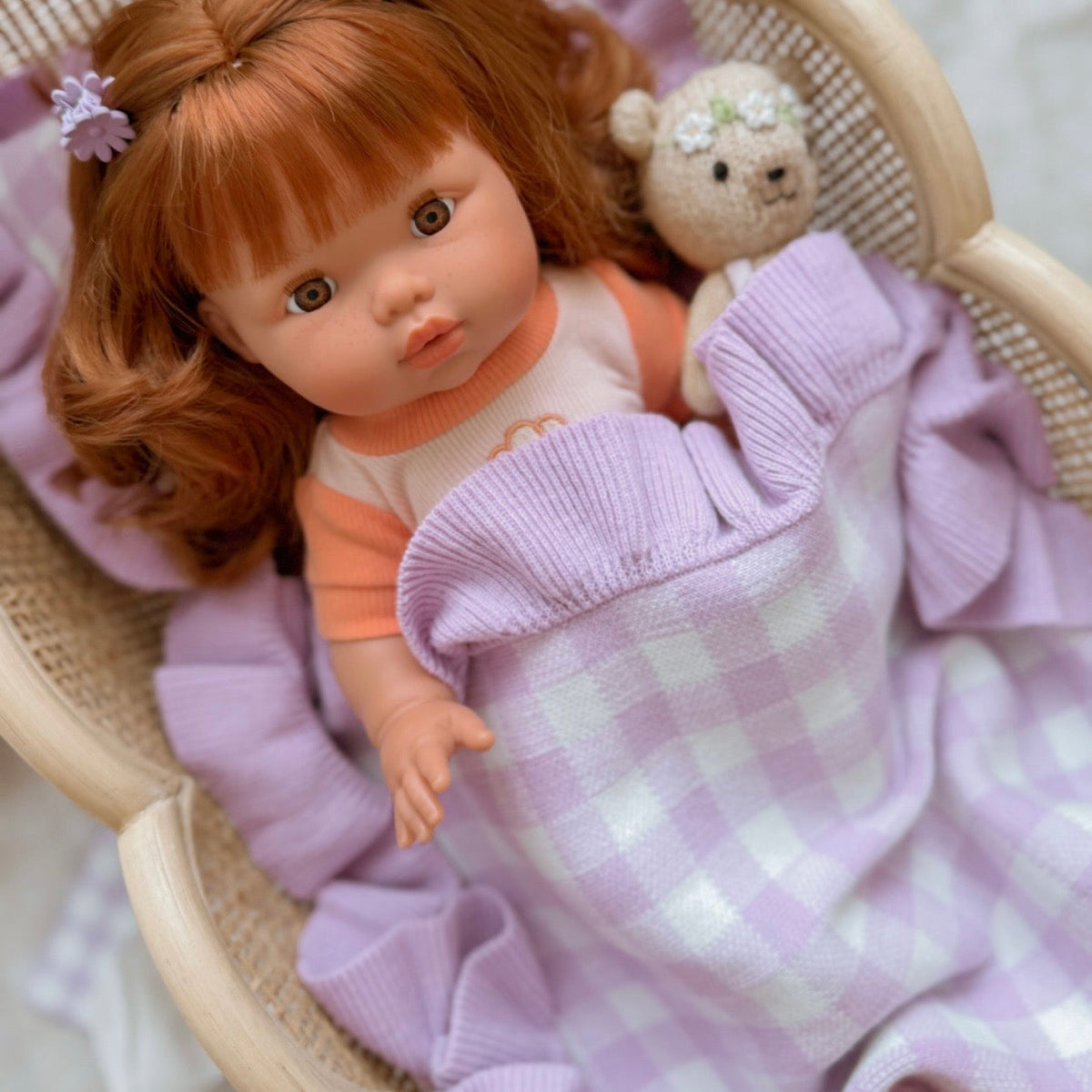 Frilled Purple Gingham doll Blanket + Pillow set