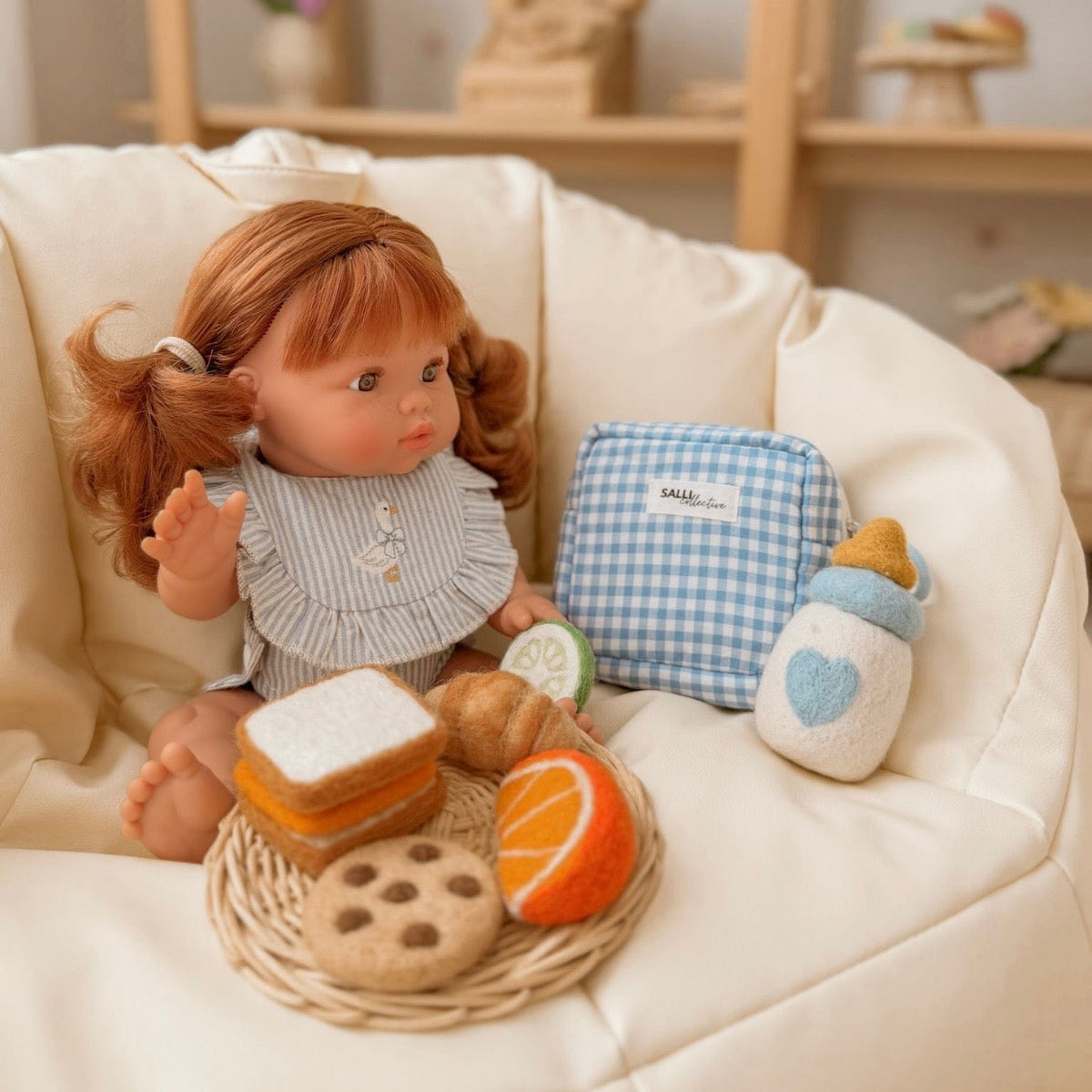 Dolls Blue striped Goose Bib + Diaper set - Fits 34-38cm Minikane Gordis, Mini Colettos, Llorens dolls
