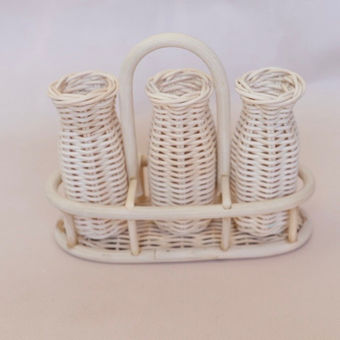 Seconds Natural rattan Milk bottles -three in holder - plain or with labels