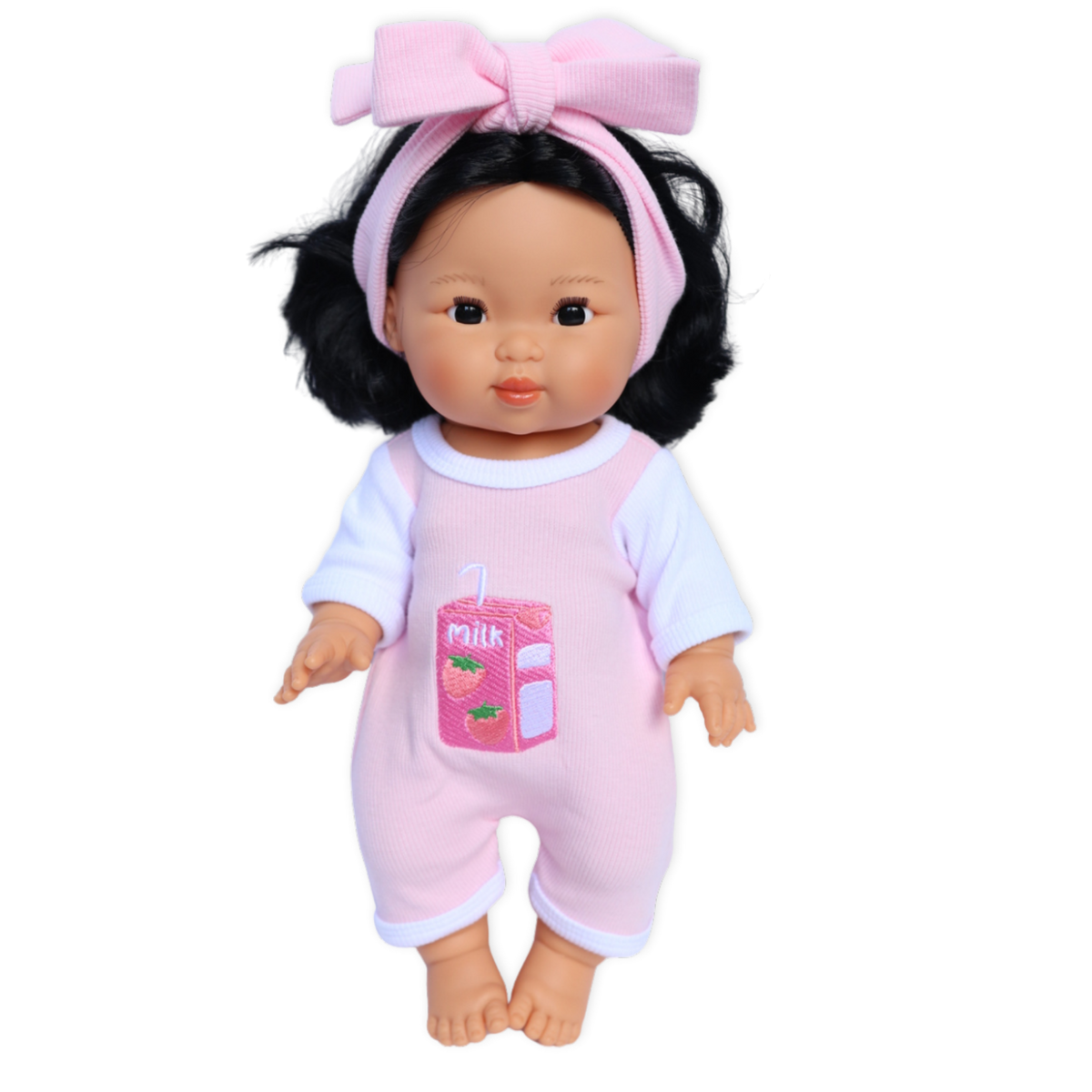 PRE ORDER Strawberry Sips Milk Romper + Bow set - Fits 34-38cm Minikane Gordis, Mini Colettos, Miniland Dolls, Llorens dolls (Copy)