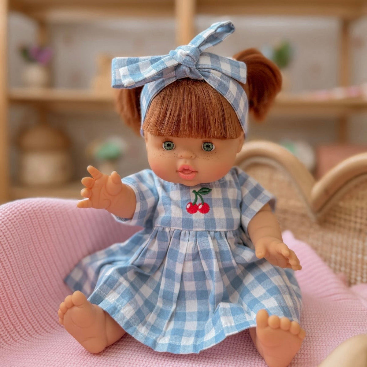 Dolls Sky Blue Cherry Gingham🍒 Chloe dress + Bow - Fits 34-38cm Minikane Gordis, Mini Colettos, Llorens dolls