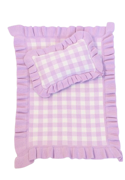 Frilled Purple Gingham doll Blanket + Pillow set