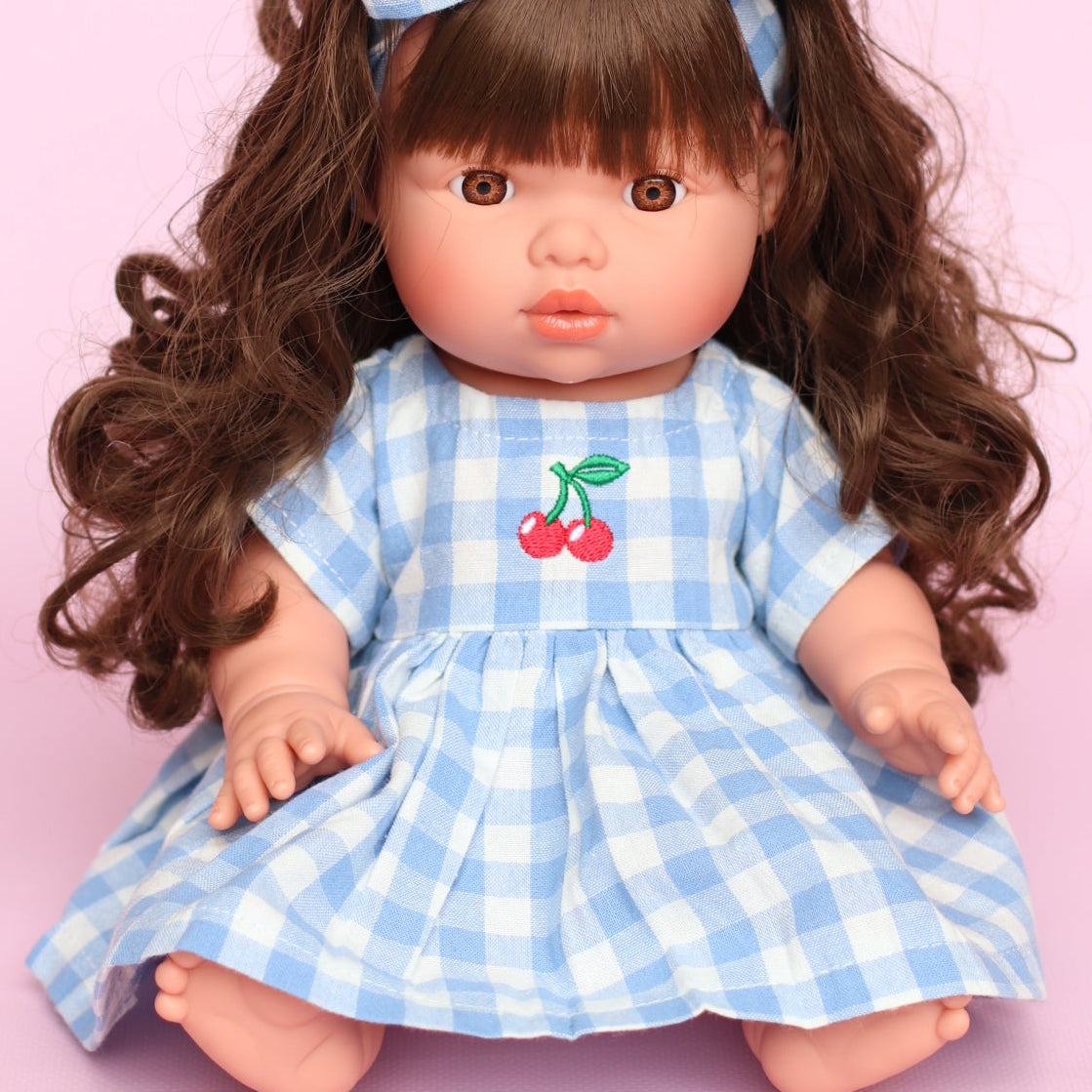 Dolls Sky Blue Cherry Gingham🍒 Chloe dress + Bow - Fits 34-38cm Minikane Gordis, Mini Colettos, Llorens dolls