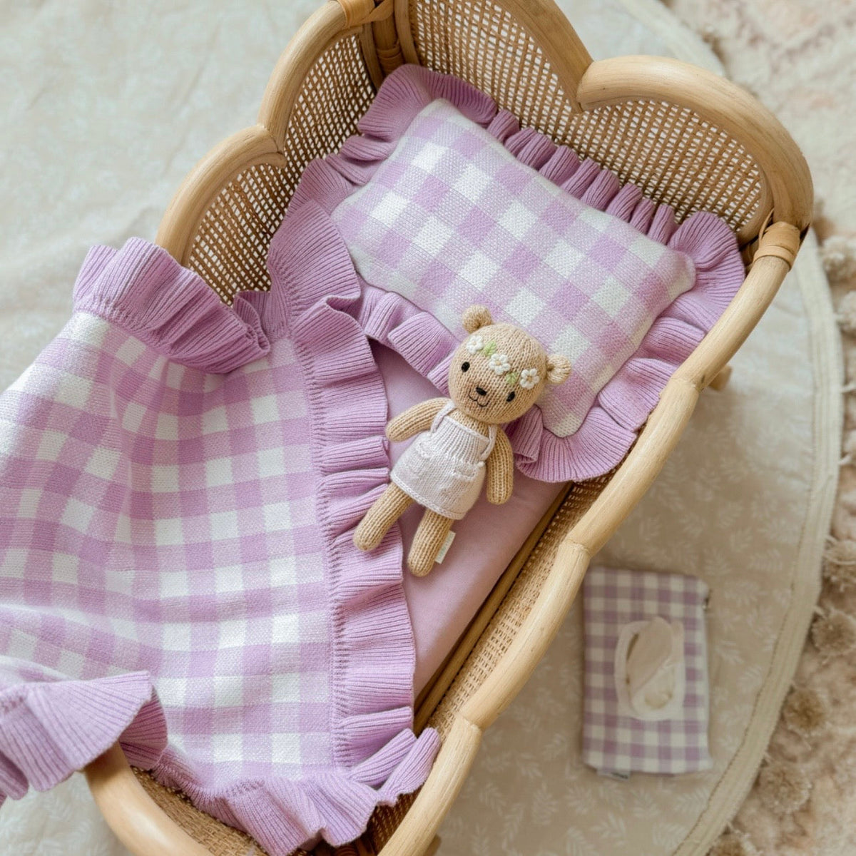 Frilled Purple Gingham doll Blanket + Pillow set
