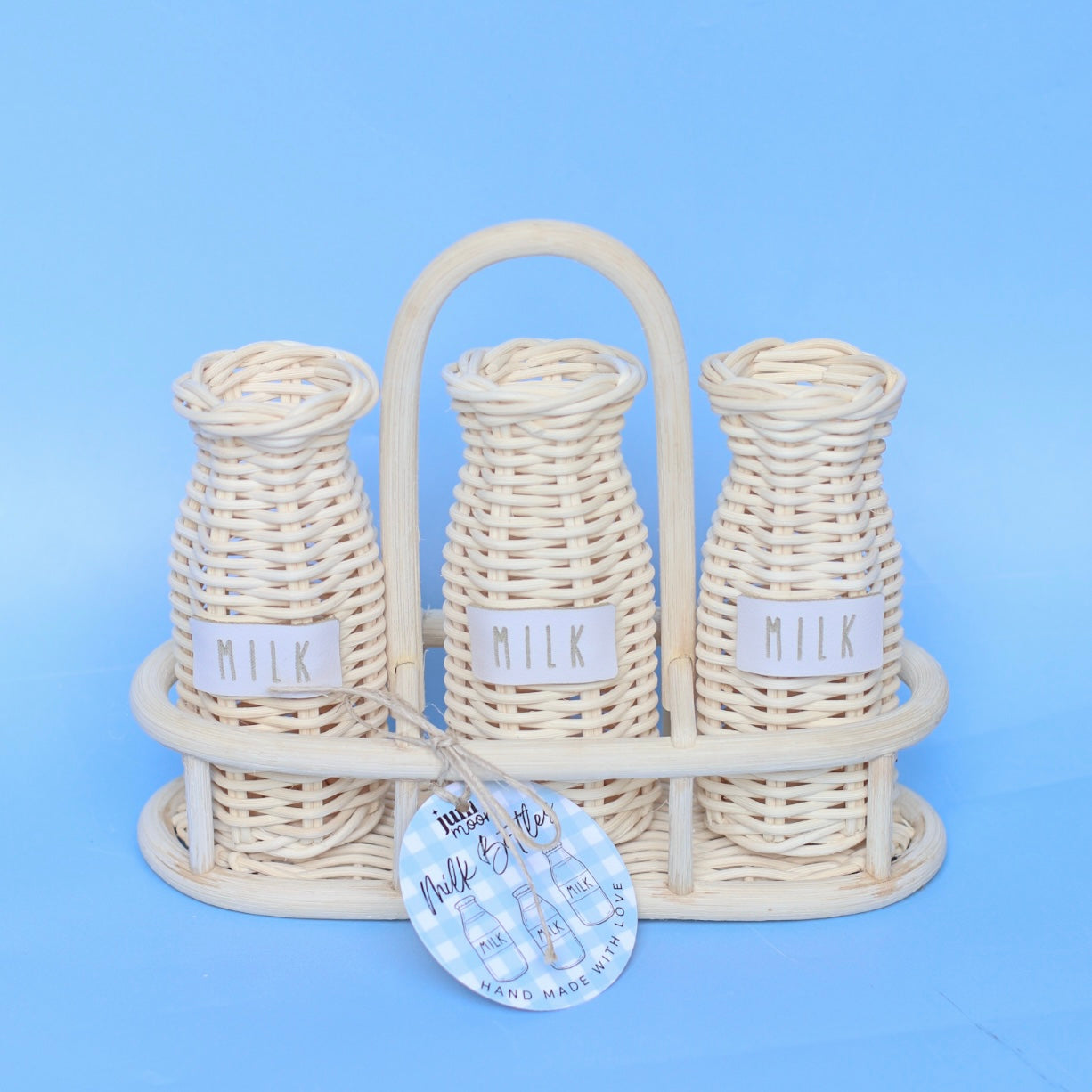 Natural rattan Milk bottles -three in holder - plain or with labels