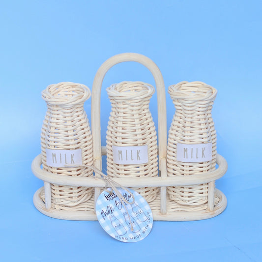 Natural rattan Milk bottles -three in holder - plain or with labels